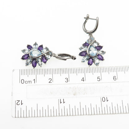 925 Sterling Silver Vintage Real Amethyst & Blue Topaz Dangle Earrings