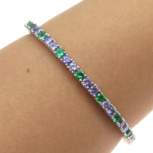 925 Sterling Silver Green & Purple C Z Adjustable Tennis Link Bracelet 6.75"