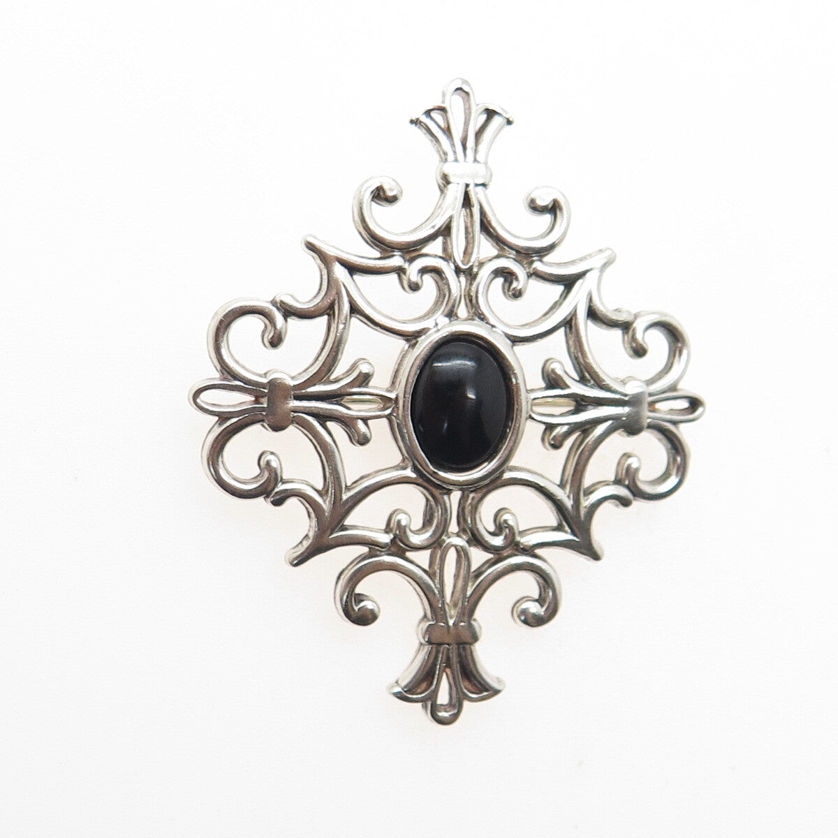 925 Sterling Silver Vintage Real Black Onyx Fleur de Lis Cross Pin Brooch