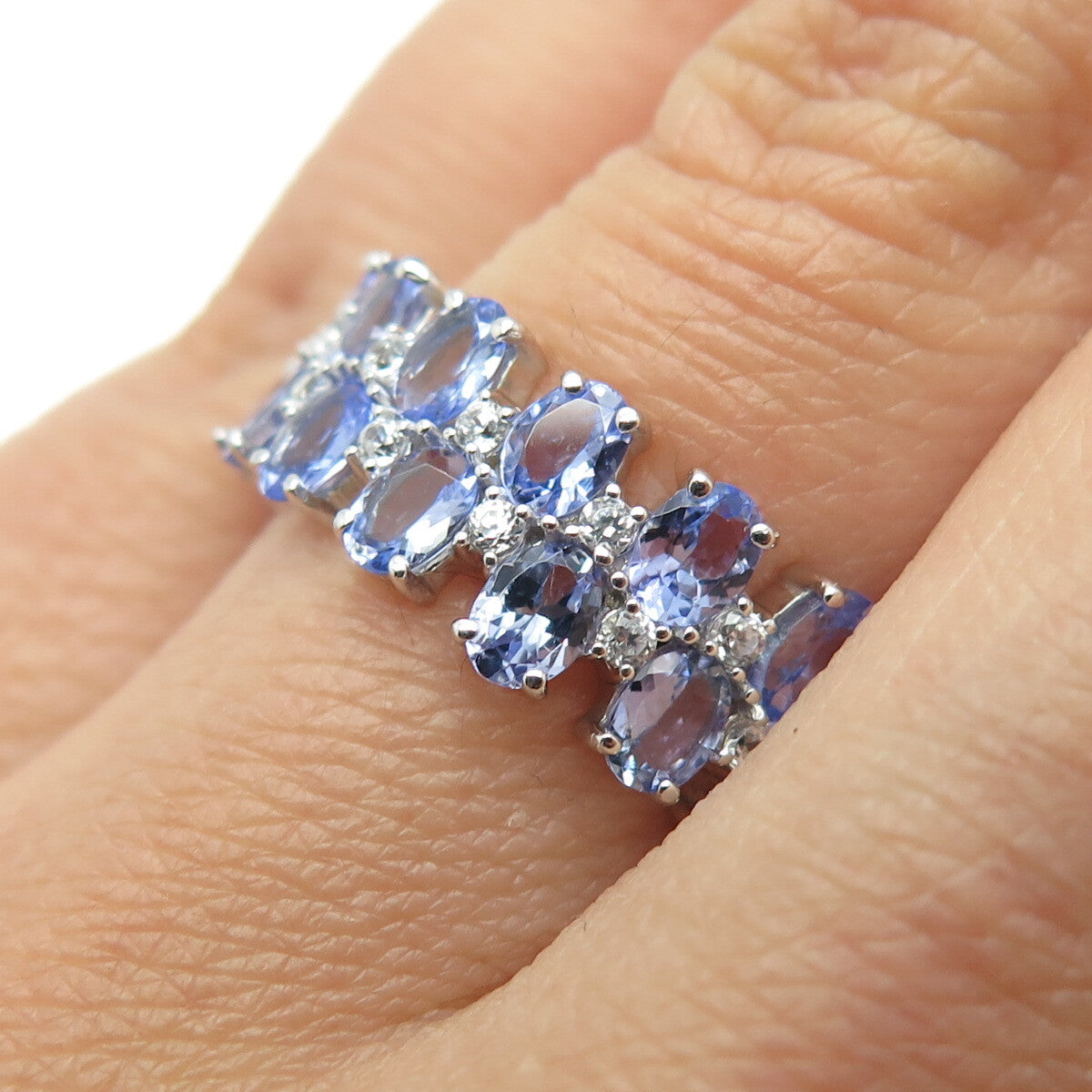 DSMK 925 Sterling Silver Oval-Cut Tanzanite & White Topaz Gem Ring Size 7.25