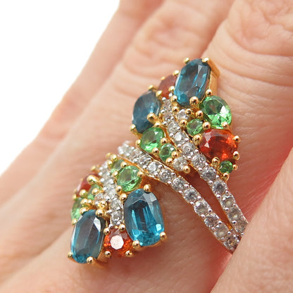 925 Sterling Gold Plated Blue White Topaz & Fire Tsavorite Garnet Ring Size 7.5