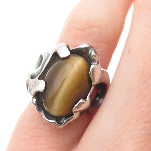 925 Sterling Silver Vintage Real Tiger Eye Modernist Oxidized Ring Size 3