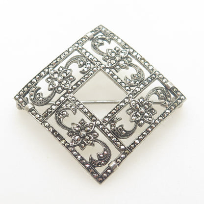 925 Sterling Silver Antique Art Deco Real Marcasite Flower Square Pin Brooch