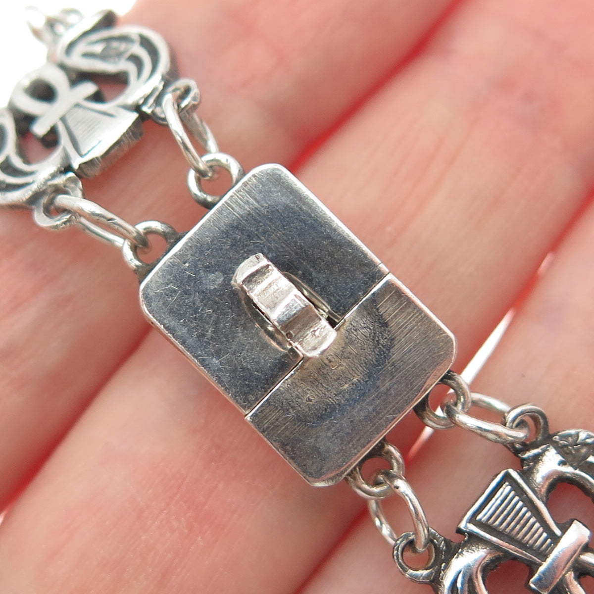 800 Silver Antique Egypt Roman Glass Ankh Link Oxidized Bracelet 6.25"