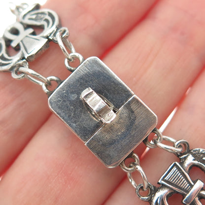 800 Silver Antique Egypt Roman Glass Ankh Link Oxidized Bracelet 6.25"
