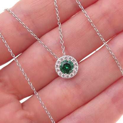 925 Sterling Silver Round-Cut Green & White C Z Cable Chain Necklace 18"