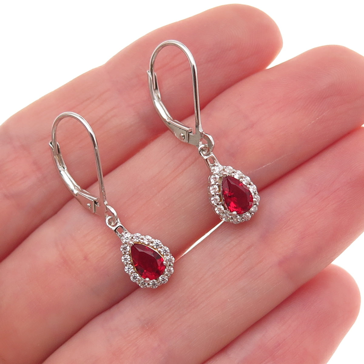 925 Sterling Silver Red & White C Z Teardrop Dangle Earrings