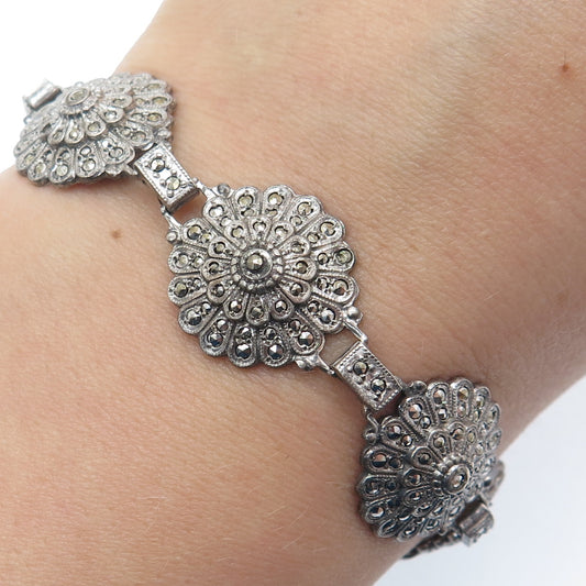 925 Sterling Silver Antique Real Marcasite Floral Bracelet 7" (missing 4 stones)