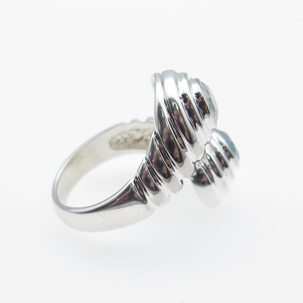 925 Sterling Silver Vintage Real Blue Topaz Modernist Bypass Ring Size 7