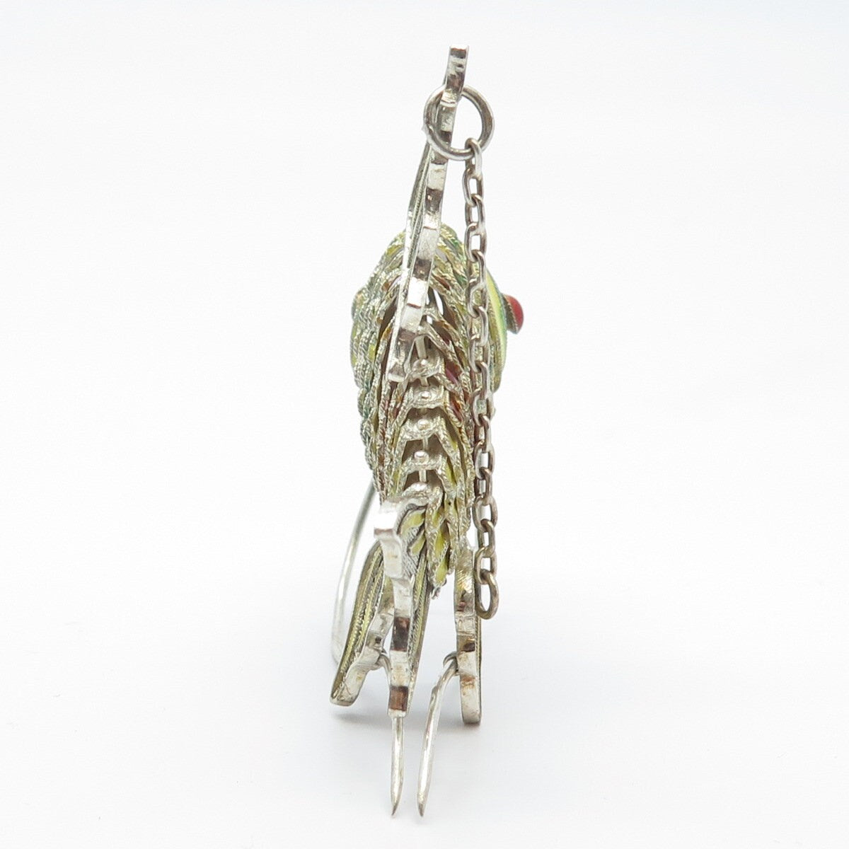 925 Sterling Silver Antique Enamel Chinese Koi Fish Articulated Chatelaine Fob