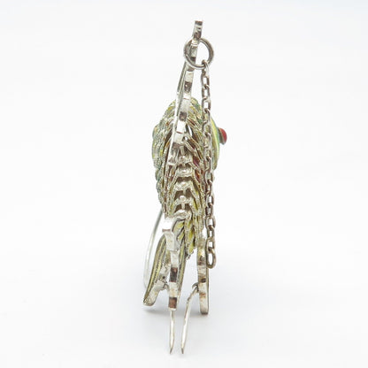 925 Sterling Silver Antique Enamel Chinese Koi Fish Articulated Chatelaine Fob