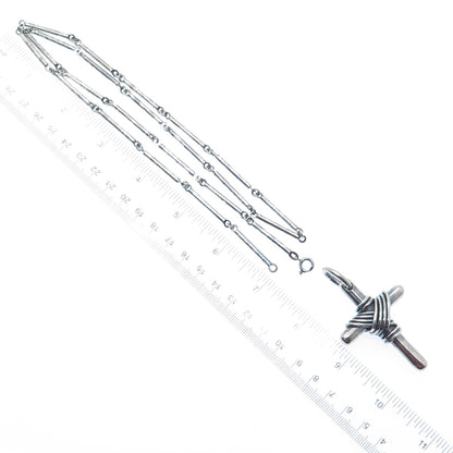 925 Sterling Silver Vintage Italy Cross Pendant Bar Chain Oxidized Necklace 28"