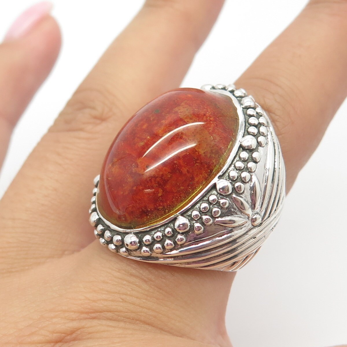 925 Sterling Silver Vintage Real Spiny Oyster Shell Granulated Dome Ring Size 7