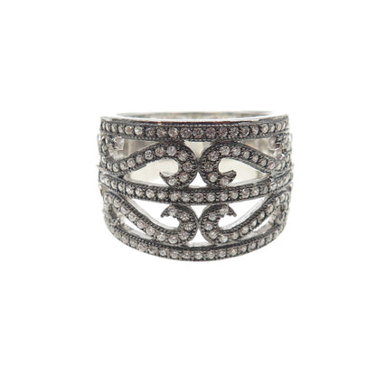 925 Sterling Silver 2-Tone Black Rhodium Round-Cut C Z Heart Ring Size 7