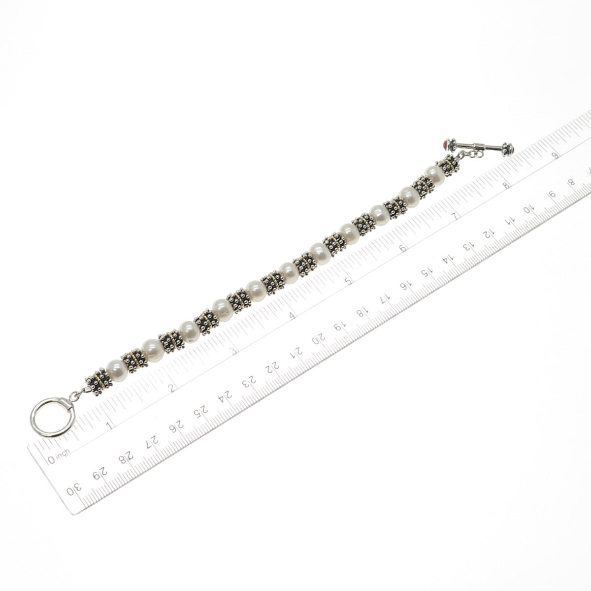 14K Gold 925 Sterling Silver Vintage Real Pearl & Red Garnet Beaded Bracelet 7"