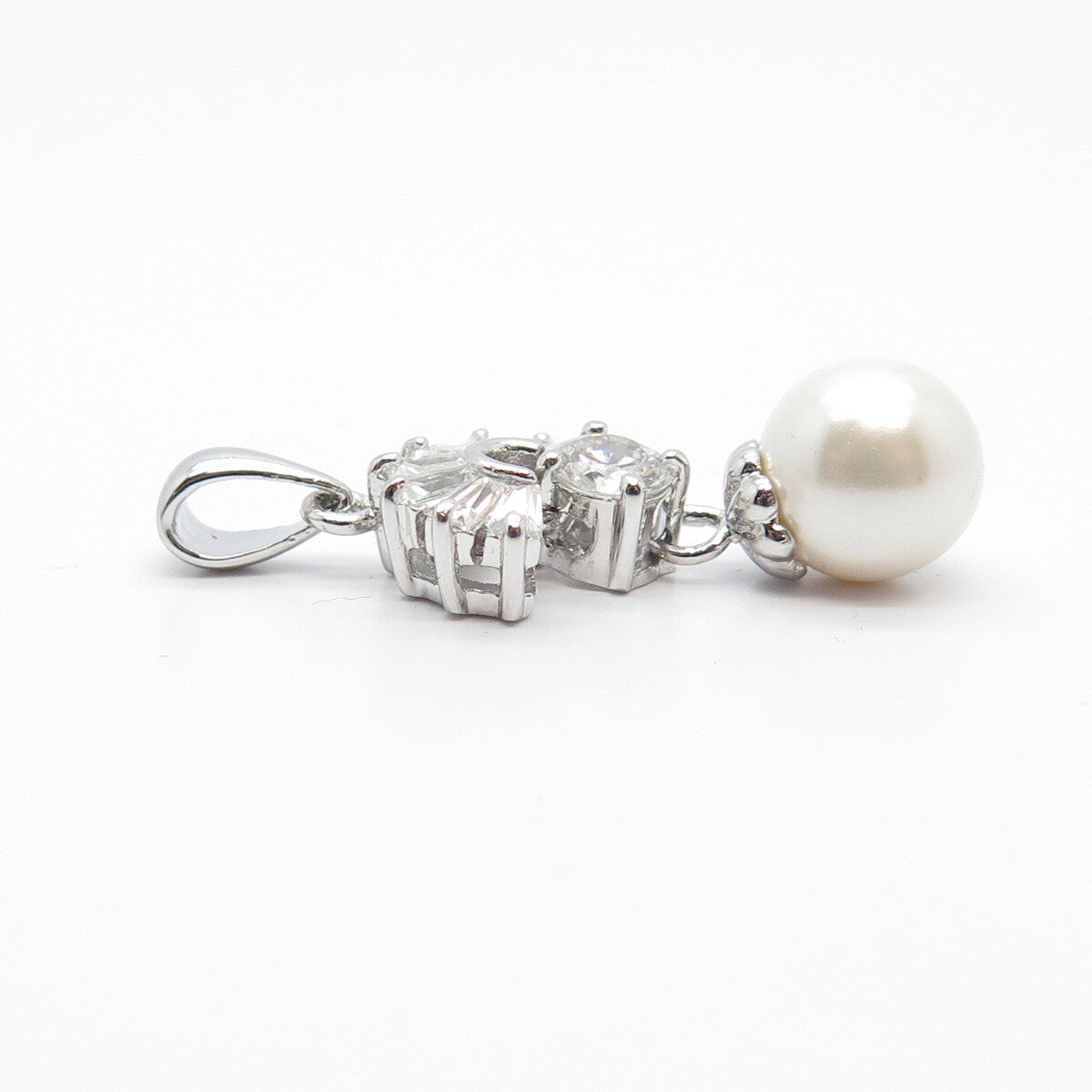 925 Sterling Silver Faux Pearl & C Z Ball Dangling Pendant