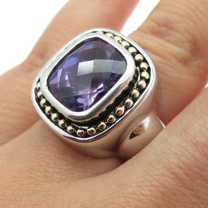 14K Yellow Gold & 925 Sterling Silver Real Amethyst Beaded Ring Size 7.25