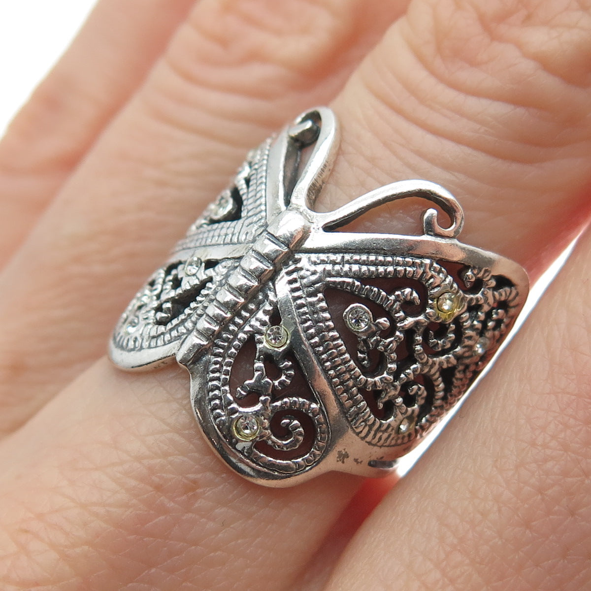 925 Sterling Silver Vintage Rhinestone Butterfly Oxidized Ring Size 6.75