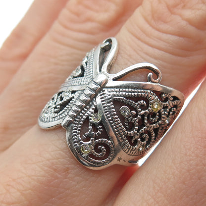925 Sterling Silver Vintage Rhinestone Butterfly Oxidized Ring Size 6.75