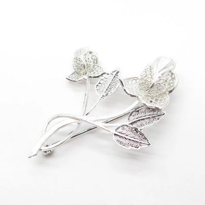 925 Sterling Silver Vintage Germany Floral Leaf Pin Brooch