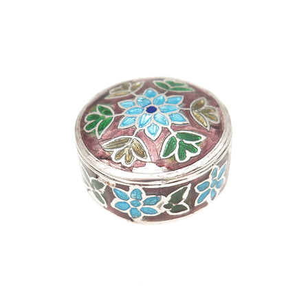 925 Sterling Silver Vintage Enamel Floral Snuff / Pill Box