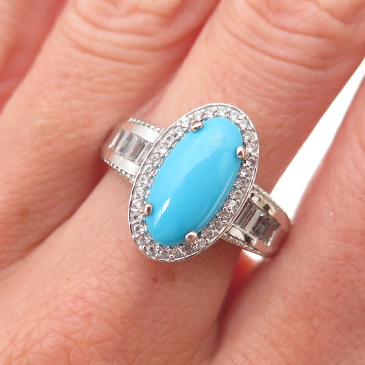 Chuck Clemency 925 Sterling Silver Real Turquoise & White Topaz Ring Size 8.25