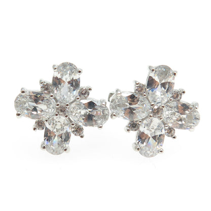 925 Sterling Silver Oval-Cut Shaped C Z Cross Huggie Earrings