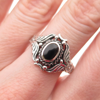 925 Sterling Silver Vintage Real Black Onyx Butterfly Oxidized Ring Size 8.75