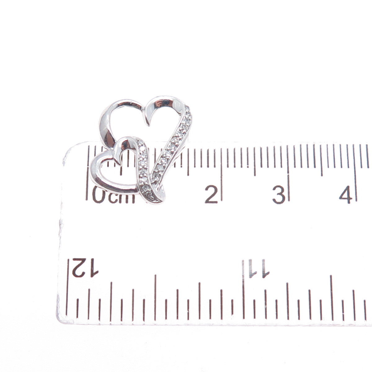 925 Sterling Silver Real Round-Cut Diamond Double Heart Mini Slide Charm Pendant