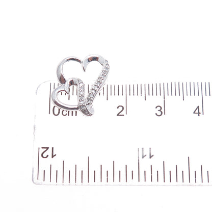 925 Sterling Silver Real Round-Cut Diamond Double Heart Mini Slide Charm Pendant