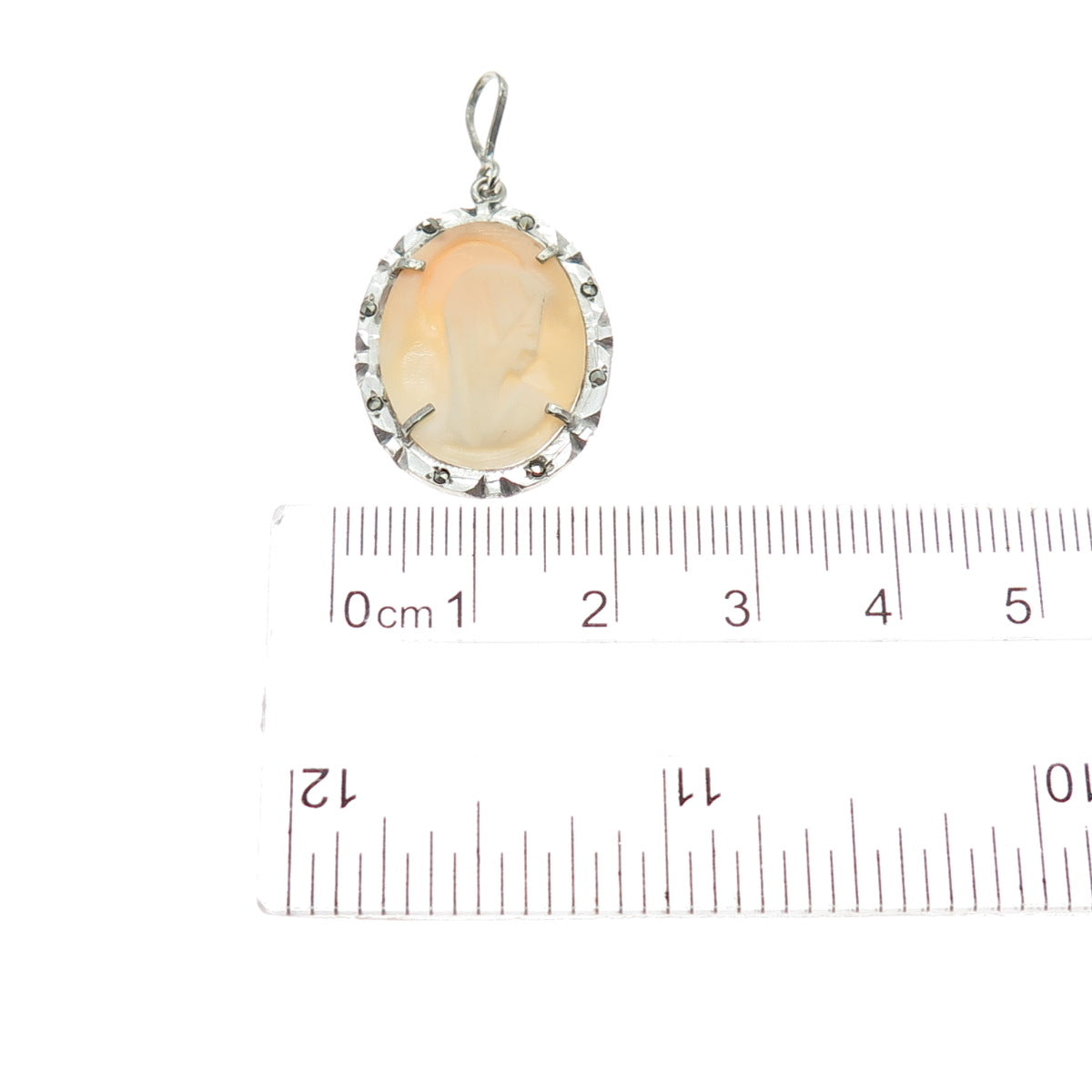 925 Sterling Silver Antique Art Deco Real MOP & Marcasite St. Mary Cameo Pendant