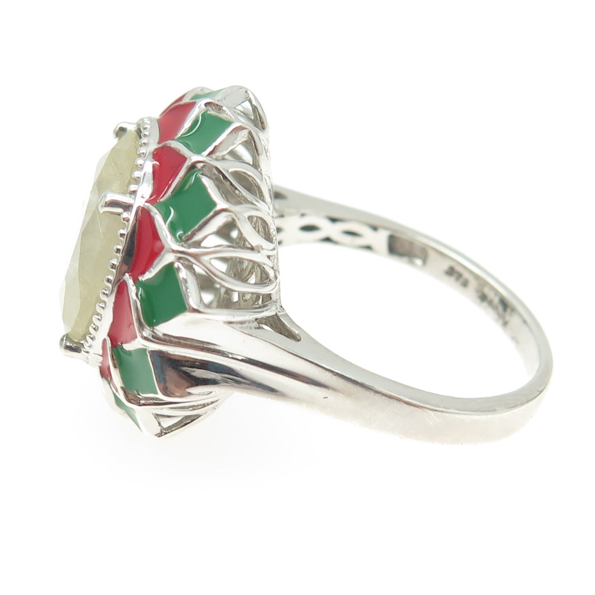 CHUCK CLEMENCY 925 Sterling Silver Real Rutilated Quartz Enamel Ring Size 11.25