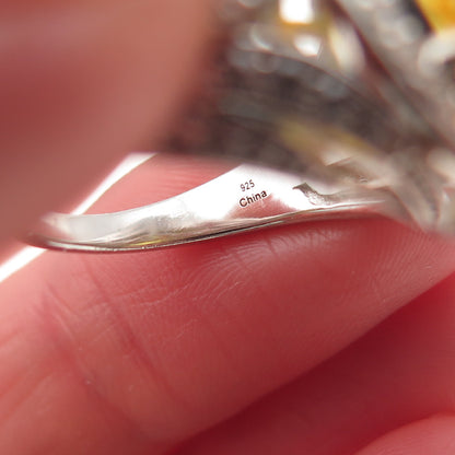 925 Sterling Silver Oval-Cut Canary & Round-Cut White C Z Ring Size 7
