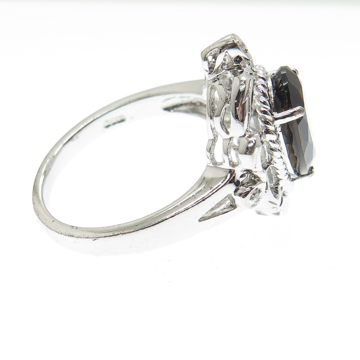 925 Sterling Silver Real White Diamond & Smoky Quartz Ornate Ring Size 10.25