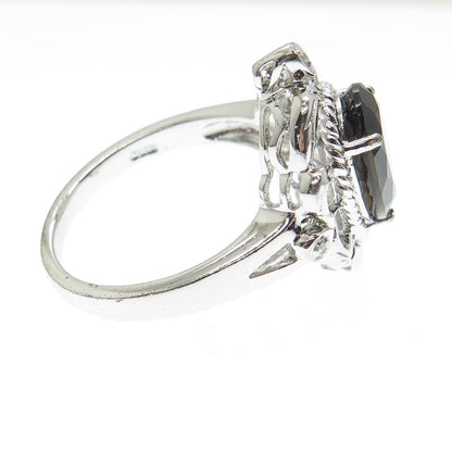 925 Sterling Silver Real White Diamond & Smoky Quartz Ornate Ring Size 10.25