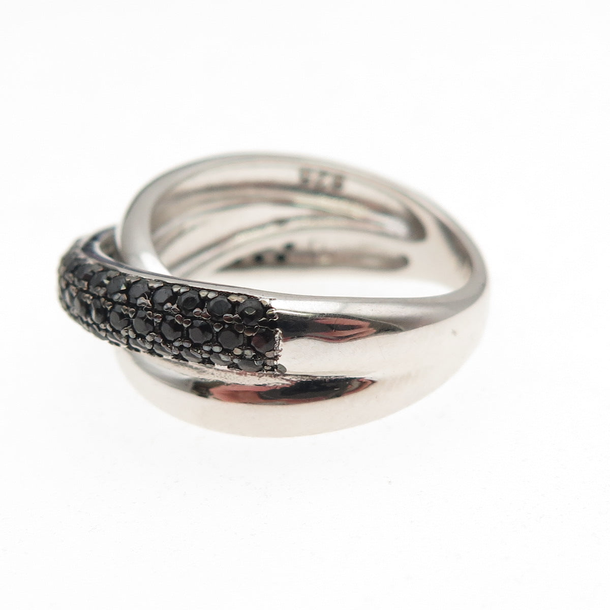 925 Sterling Silver Real Round-Cut Black Spinel Crisscross Ring Size 6.5