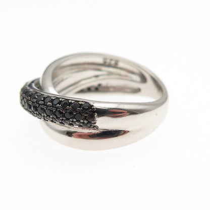 925 Sterling Silver Real Round-Cut Black Spinel Crisscross Ring Size 6.5