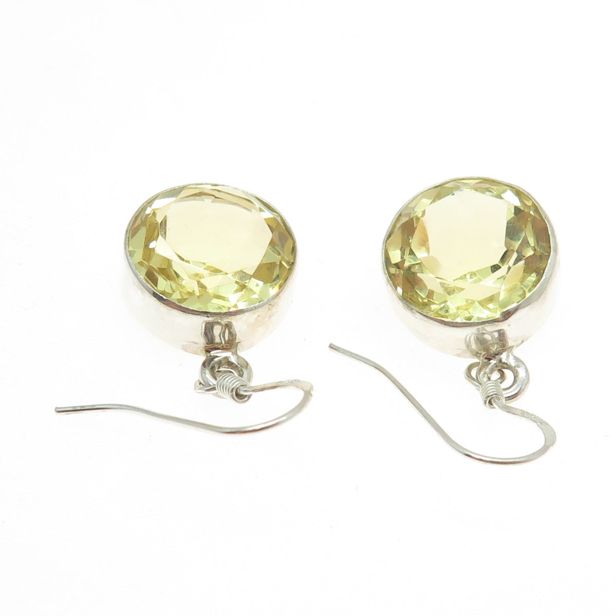 925 Sterling Silver Vintage Real Round-Cut Citrine Dangling Earrings