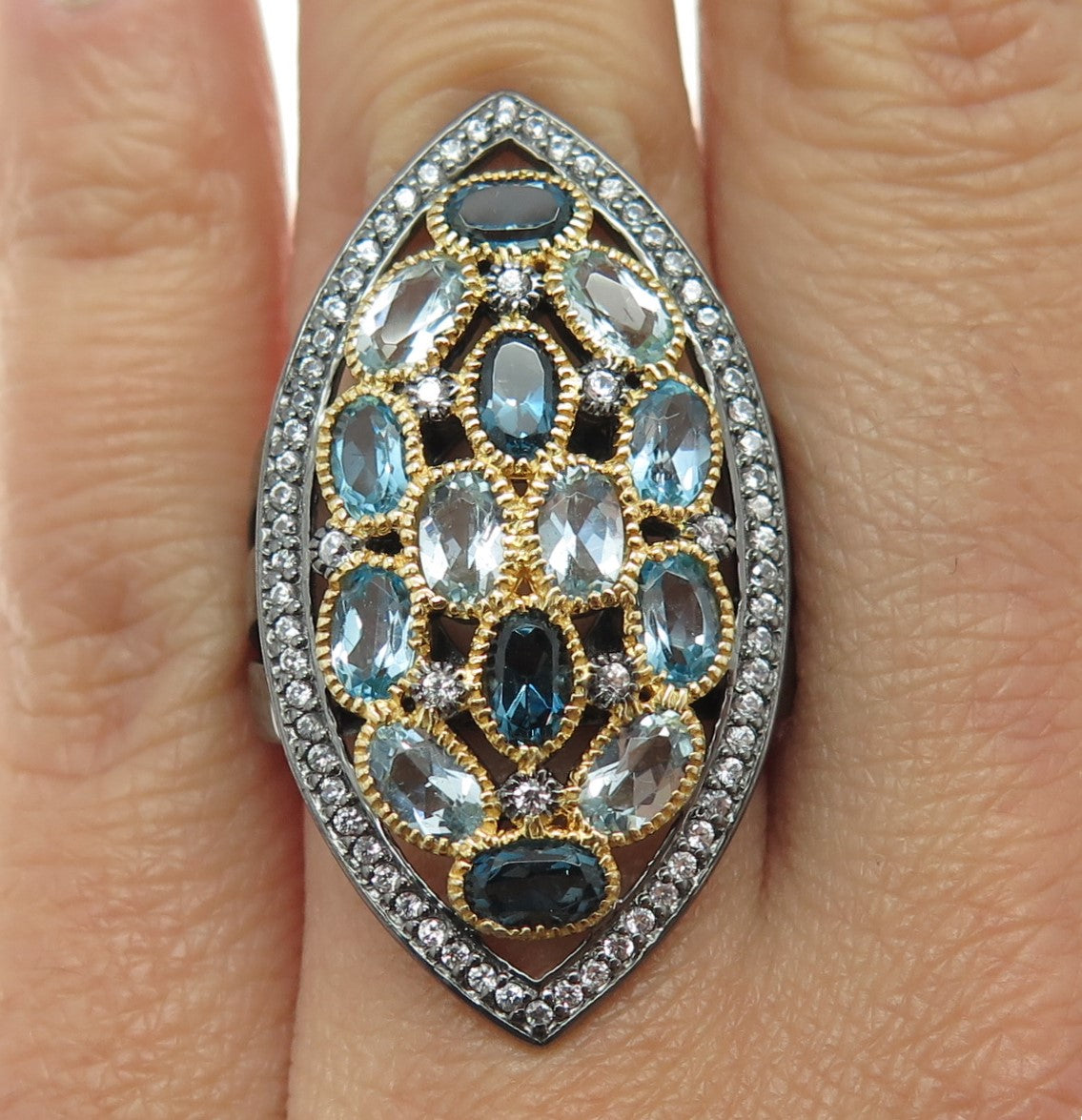 DSMK 925 Sterling White Blue & London Topaz Oxidized Statement Ring Size 6.25