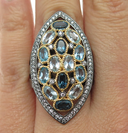 DSMK 925 Sterling White Blue & London Topaz Oxidized Statement Ring Size 6.25