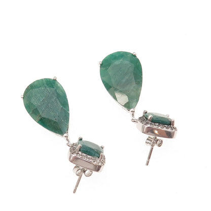 925 Sterling Silver Real Diamond & Emerald Teardrop Dangle Earrings