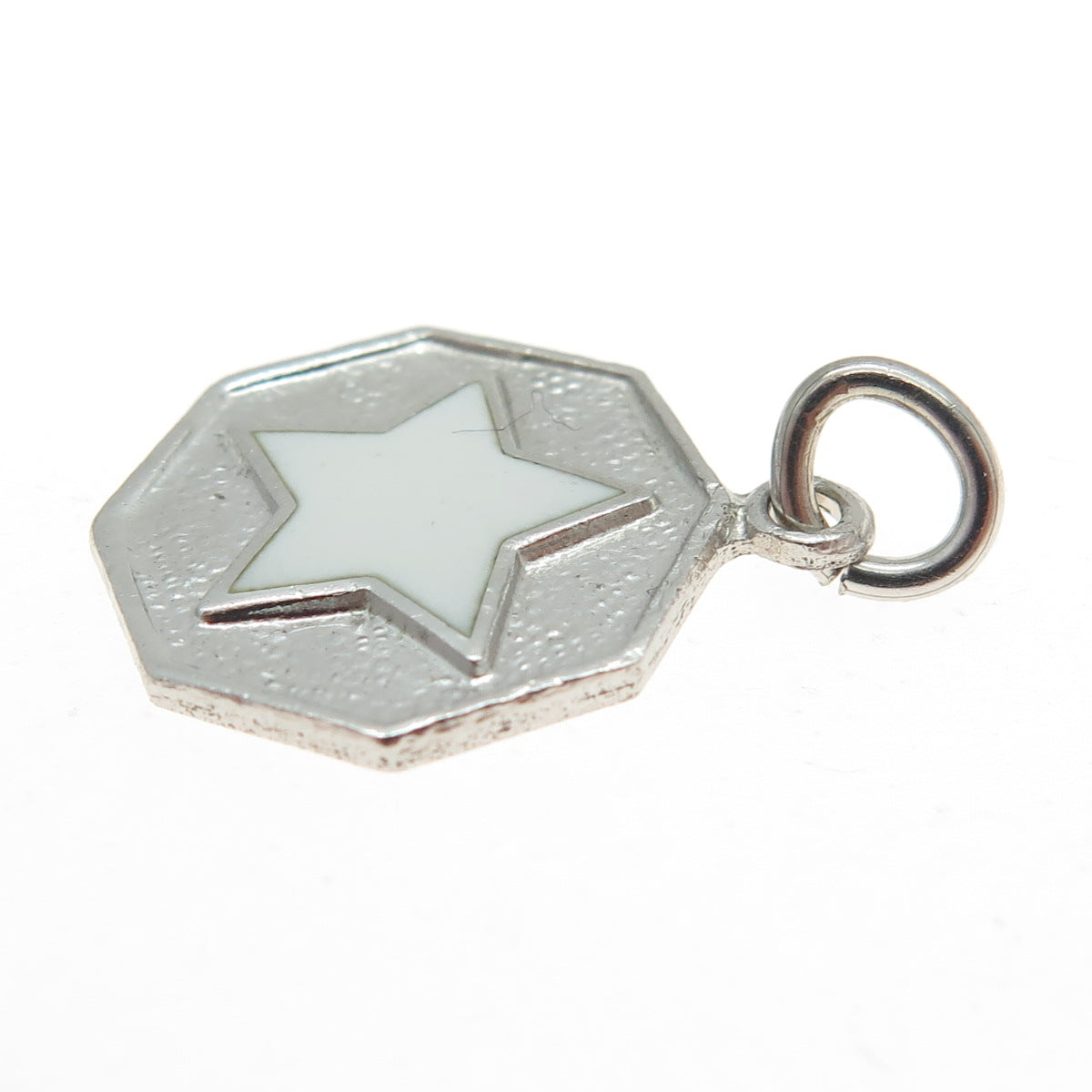 925 Sterling Silver Vintage White Enamel Star Octagon Pendant