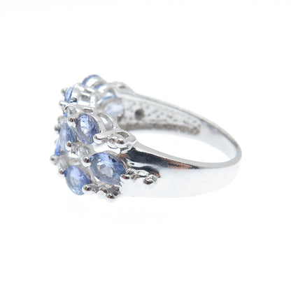 925 Sterling Silver Real Oval-Cut Tanzanite & C Z Multi-Row Ring Size 6.25