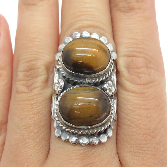 925 Sterling Silver Vintage Real Tiger Eye Kali Statement Oxidized Ring Size 6.5