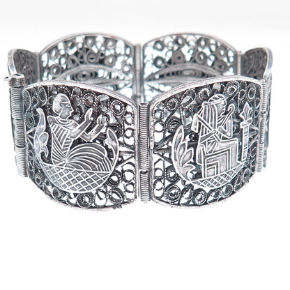 800 Silver Antique Egyptian Storyteller Filigree Oxidized Panel Link Bracelet 7"
