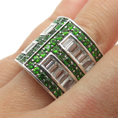 925 Sterling Silver Real Emerald-Cut White Topaz & Round-Cut Peridot Ring Size 7