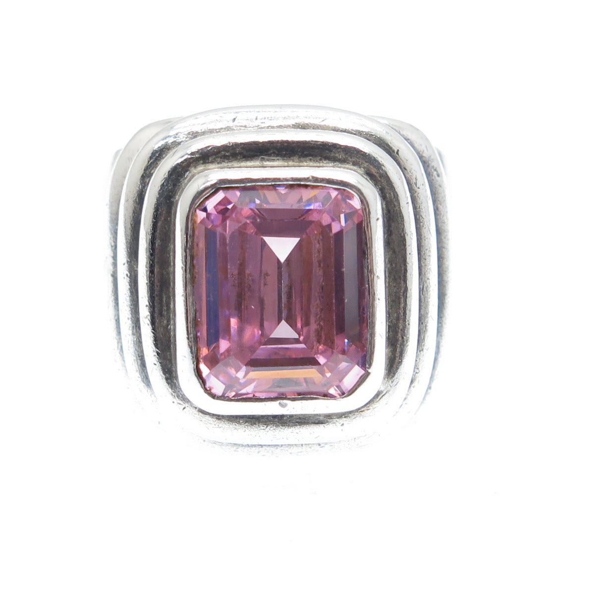 925 Sterling Silver Vintage Emerald-Cut Pink C Z Oxidized Ring Size 5.5