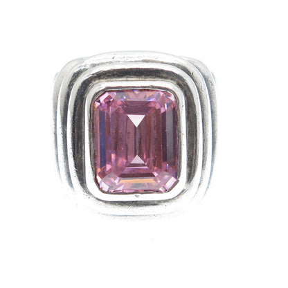 925 Sterling Silver Vintage Emerald-Cut Pink C Z Oxidized Ring Size 5.5