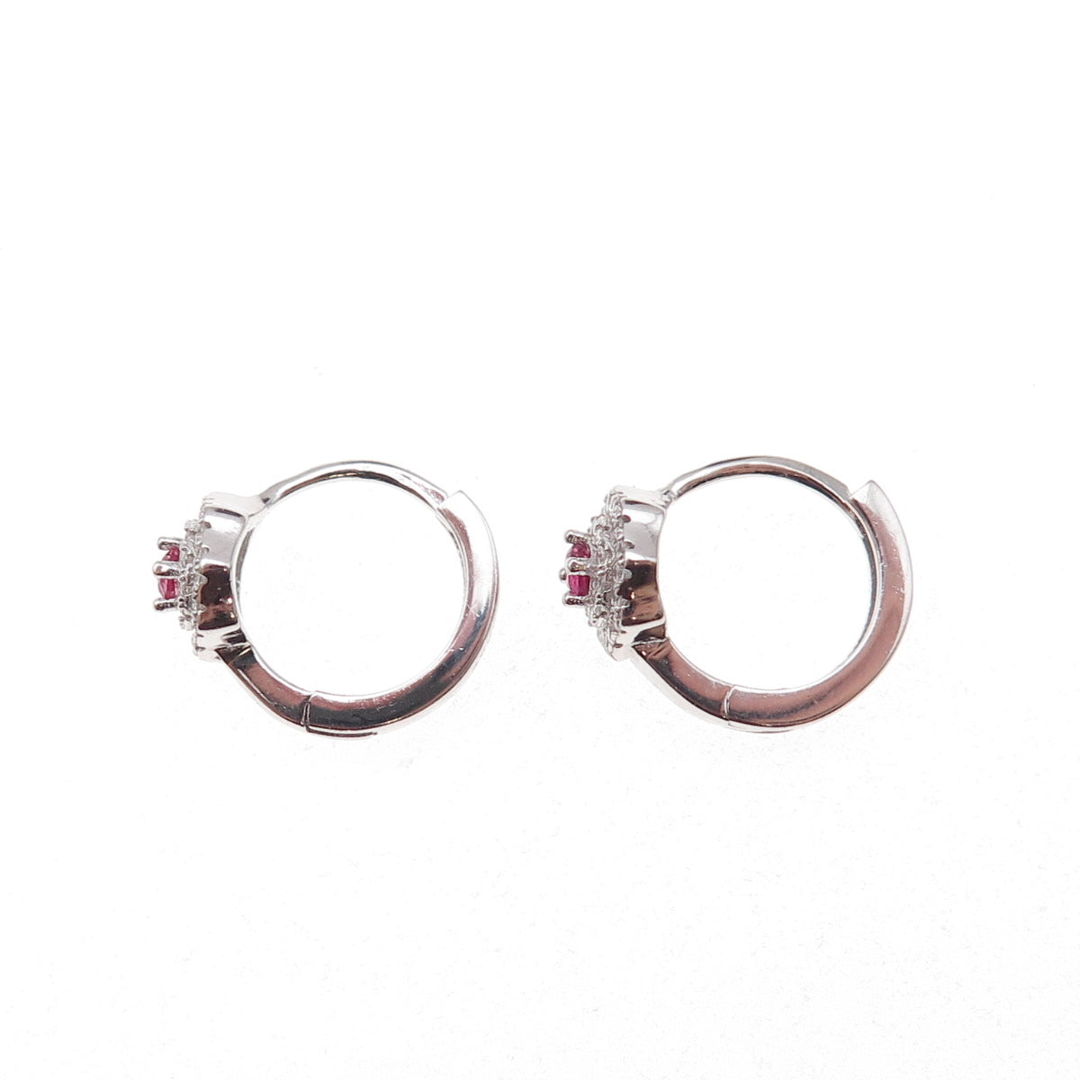 925 Sterling Silver Pink & White C Z Floral Hoop Earrings