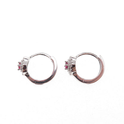 925 Sterling Silver Pink & White C Z Floral Hoop Earrings